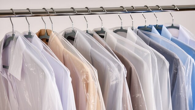 Men&rsquo;s shirts after professional dry cleaning hang on a metal rack in transparent garment covers. Clean pressed clothing shows quality laundry and dry cleaning service