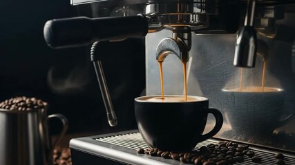 Close-up of espresso machine pouring coffee into a black cup with beans. - Powered by Adobe