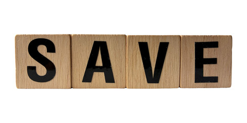 Four wooden blocks spelling save isolated on transparent background