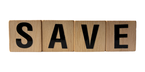 Four wooden blocks spelling save isolated on transparent background