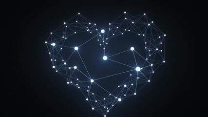 Digital plexus heart shape glowing on dark background representing network connection - Powered by Adobe