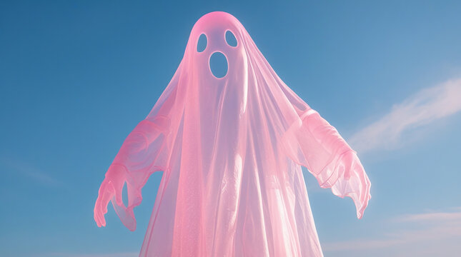 Pink ghost costume with spooky face standing against blue sky