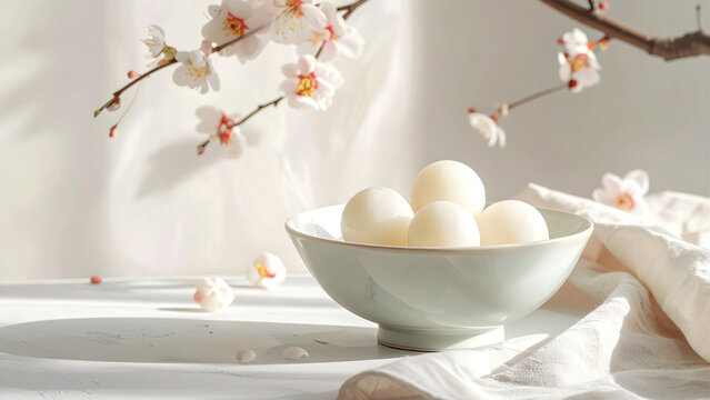 Lunar New Year dessert background, traditional sweet rice balls (tang yuan) in a porc