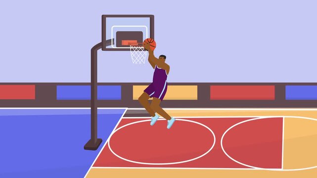 Basketball Player Fast Break Dribble to Slam Dunk Action Flat Design 2D Animation