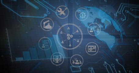 Animation of globe with network of connections with icons over blue screens - Powered by Adobe