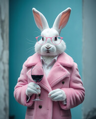 Stylish rabbit enjoying wine with trendy pink glasses and coat