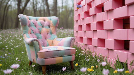 Vibrant patchwork chair in serene floral meadow with pink blocks