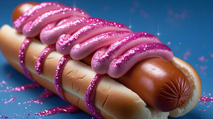 Glittery pink hot dog with sparkly condiments on blue background