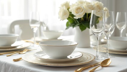 Elegant white dinnerware set with gold accents arranged on white tablecloth. Wine glasses, fresh white roses complete formal table setting. Fine dining is ideal for weddings events or luxury parties.