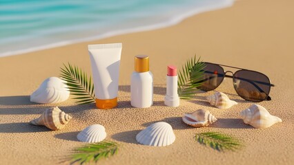 cosmetics beach vacation sunscreen moisturizer sand seashells palm leaves turquoise gradient summer travel