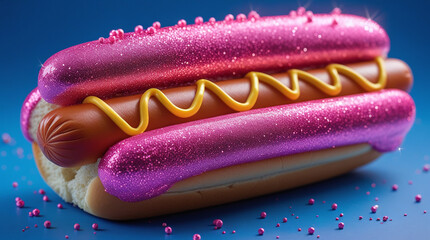 Magical pink glitter hot dog with mustard on bun