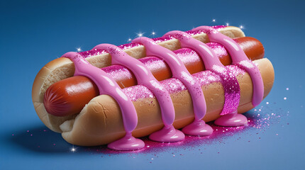 Delicious pink glazed hot dog with sparkly sprinkles on blue background