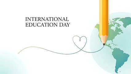 International Education Day concept with pencil drawing heart on world map.