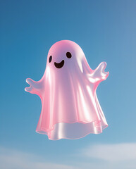Cute pink ghost floating in blue sky with a smile