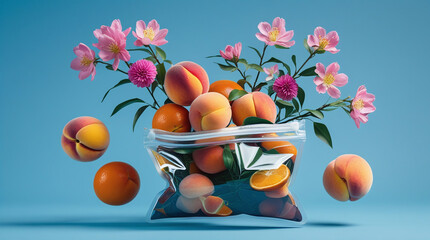 Vibrant peaches and flowers in clear plastic bag on blue background