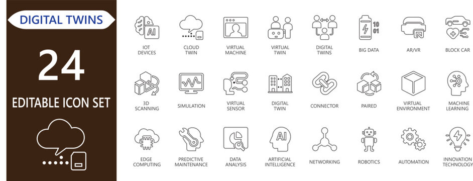 Editable line icons of digital twins,  blueprint,  manufacturing , mirroring, simulation, synchronization, and 3D modeling technology.