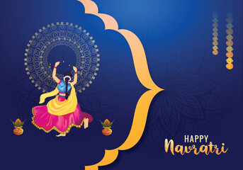 Woman dancing in traditional Indian attire, Happy Navratri celebration vector illustration, flat design