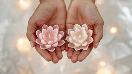 Hands holding delicate flower shaped candles