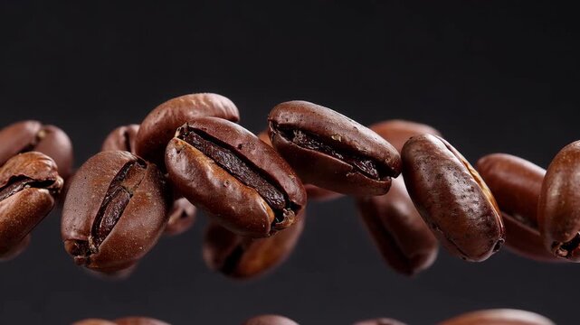 Roasted coffee beans floating in dark studio background with sharp texture