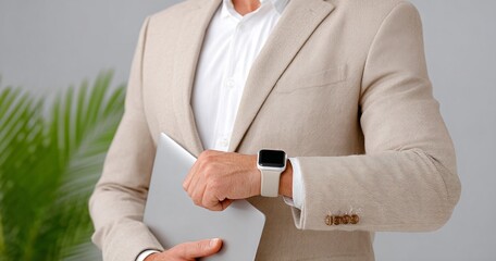 Businessman Checking Smartwatch While Holding Laptop in Modern Workspace Setting