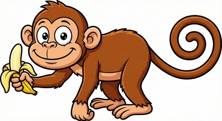 A delightful cartoon monkey holds a peeled banana, its playful expression capturing joy and simplicity.