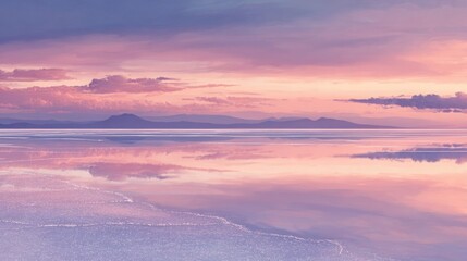 Serene pastel sunset over a tranquil lake with mirrored reflections and distant mountains