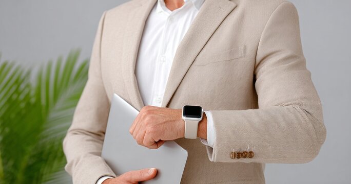 Businessman Checking Smartwatch While Holding Laptop in Modern Workspace Setting - Powered by Adobe