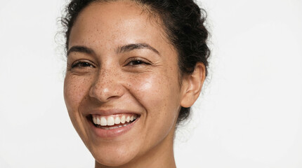 beauty photo of smiling young adult woman with freckles on face enjoying fresh clean healthy skin advertising skincare beauty cosmetics