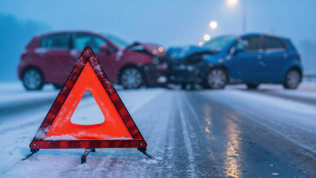 Two cars collided on snowy highway with black ice. Red emergency warning triangle in front. Traffic Accident Response, Emergency Preparedness