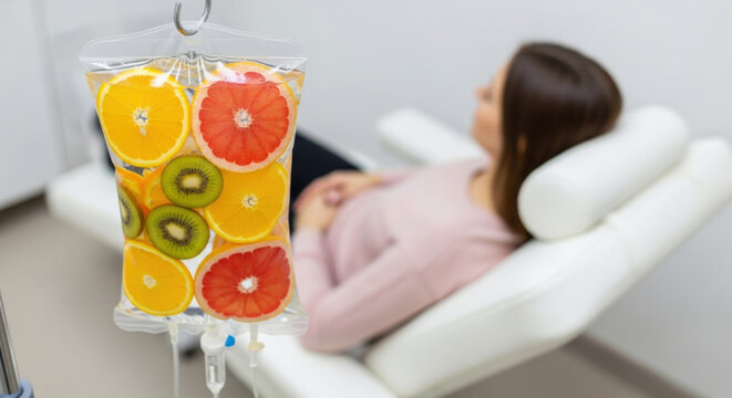 Female patient rests in modern clinic chair, transparent IV drip saline bag with fruits suspended. Vitamin Infusion Therapy, Detoxification concept