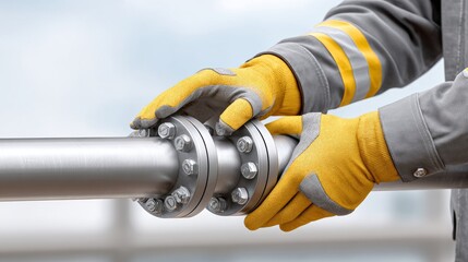 Close-Up Inspection of Equipment with Safety Gloves on Industrial Pipe Flange