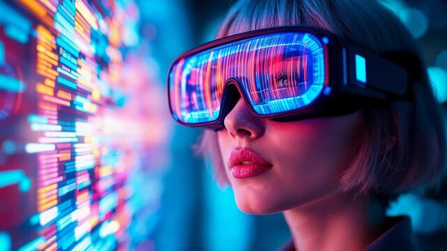 Profile of a woman wearing a neon color vr headset and interacting with a digital interface in a metaverse