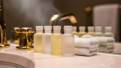 cosmetics luxury hotel amenities marble bathroom counter gold fixtures steam white gradient hospitality