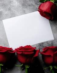 Red roses mock up banner on gray desktop background, top view. Layout for Valentines day, dating and love greeting card, anniversary and invitations