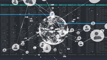 Animation of network of connections with icons over globe and data processing on black background - Powered by Adobe