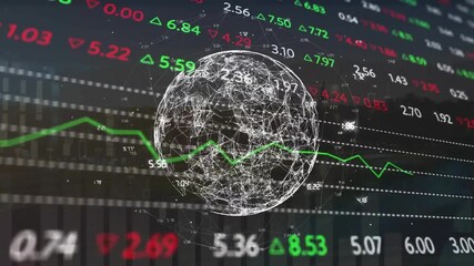 Animation of financial data processing over network of connections with globe - Powered by Adobe