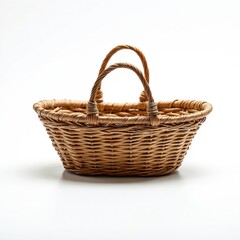 Obraz premium Wicker basket with handles on white background. Handwoven storage container. Rural harvest basket, natural decor item. Empty hamper made from fiber. Rustic style for fruit, vegetables. Organic