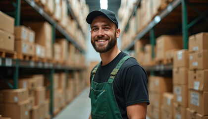 Happy warehouse worker poses. Man in green overalls and cap smiles to camera. Employee stands among cardboard boxes on shelves in storehouse or warehouse.