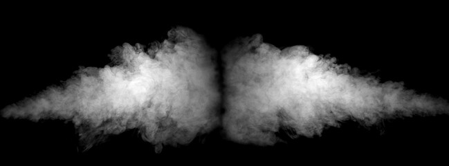 Realistic white smoke on a black background. Segmented vapor cloud texture, ideal for design, editing, or creating visual effects. Perfect for digital art or industrial pollution concepts