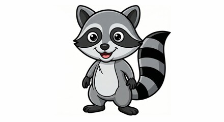 An animated raccoon stands with its front paws at the ready, captivating with its expressive eyes and cheerful demeanor. It looks poised for adventure, exuding playful charm.