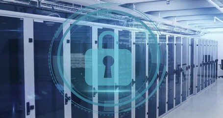 Animation of cyber security text, scanner with padlock icon and data processing over server room - Powered by Adobe