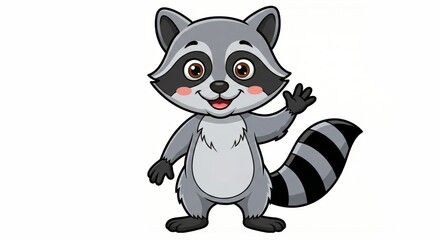 A cheerful cartoon raccoon with its distinctive masked face waves, inviting viewers into a world of playfulness and adventure.
