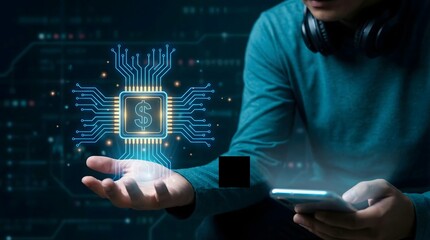 Financial technology, online banking. Person using smartphone with Fintech icon on virtual screen. Business investment banking payment technology.