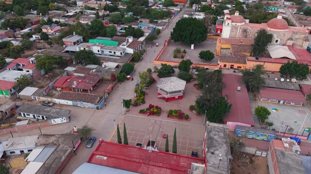Drone view of daily life in a Zapotec village during the afternoon. Oaxaca, Mexico