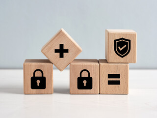 Adding security and privacy equals verified protection, cybersecurity concept with wooden cubes