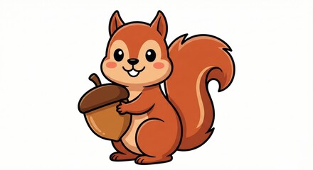 A cute cartoon squirrel, holding a single acorn, its big eyes and fluffy tail radiating playful charm and forest essence.
