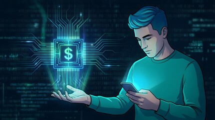 Financial technology, online banking. Person using smartphone with Fintech icon on virtual screen. Business investment banking payment technology.