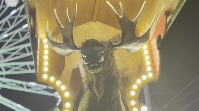 Illuminated moose statue at a carnival