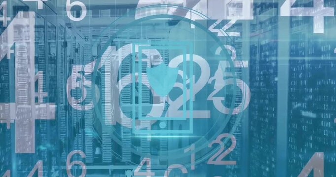 Animation of tablet icon and digital data processing over computer servers