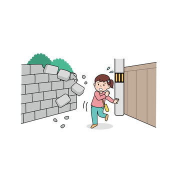 地震発生時にブロック塀から離れる女の子のイラスト